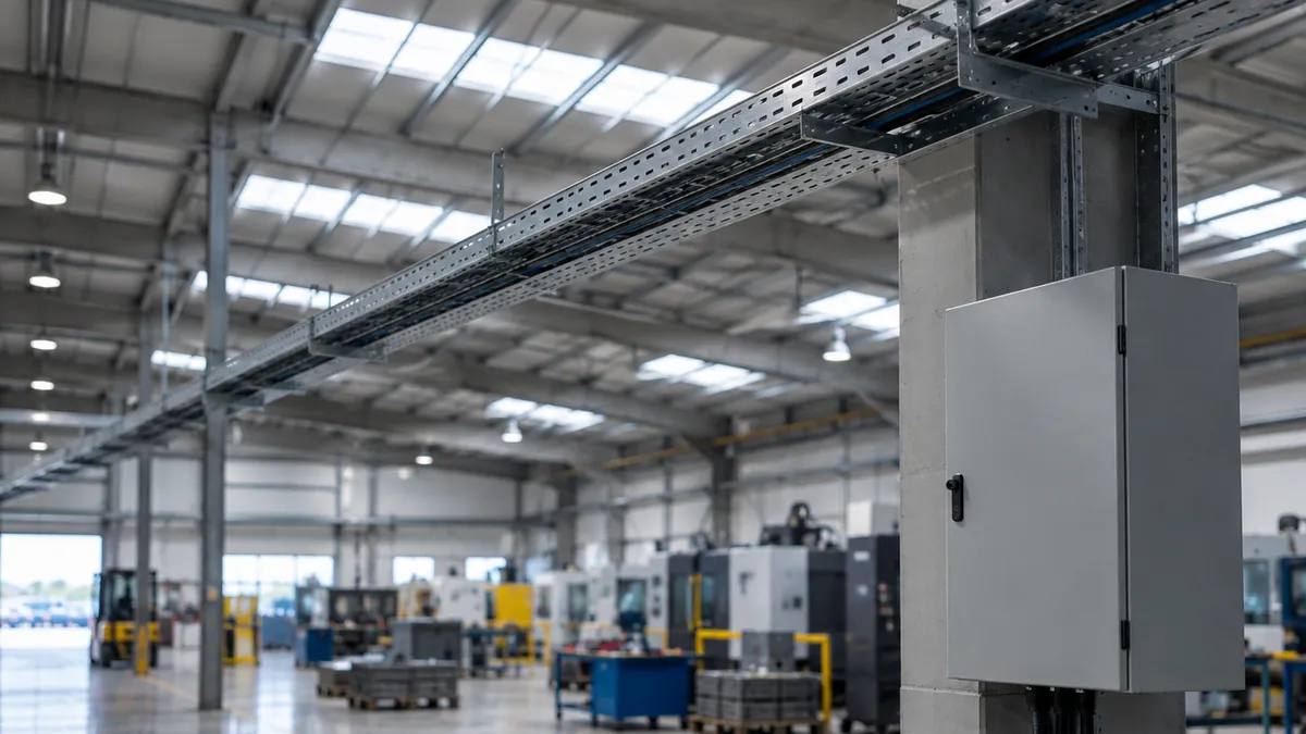 Instalación eléctrica industrial con bandeja portacables y tablero en nave