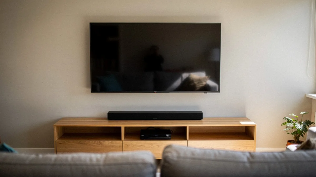 TV colgado en la pared del living sin cables a la vista, con rack bajo y tomas ocultos detrás del mueble