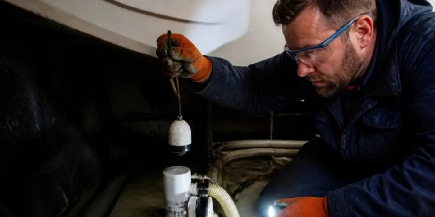 Electricista naval probando la bomba de achique automática en la sentina de una lancha