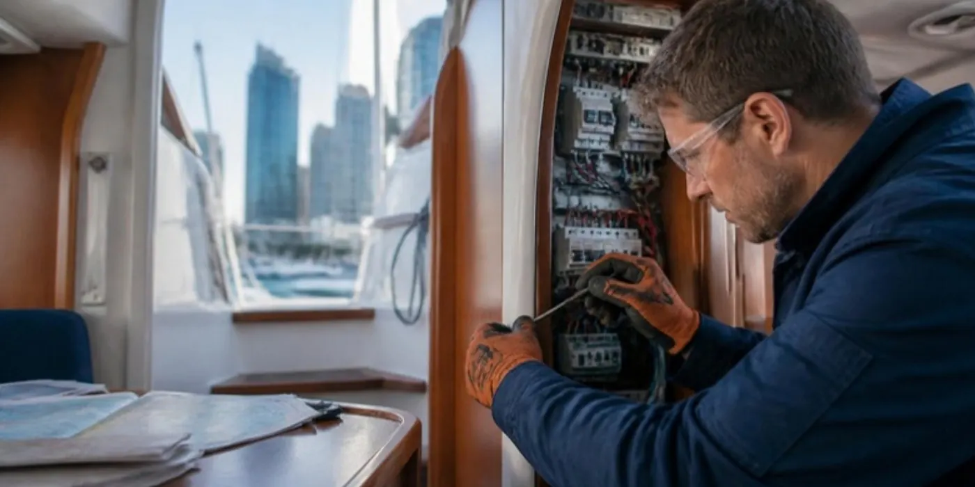 Electricista naval en un velero crucero amarrado en una dársena de la Ciudad de Buenos Aires