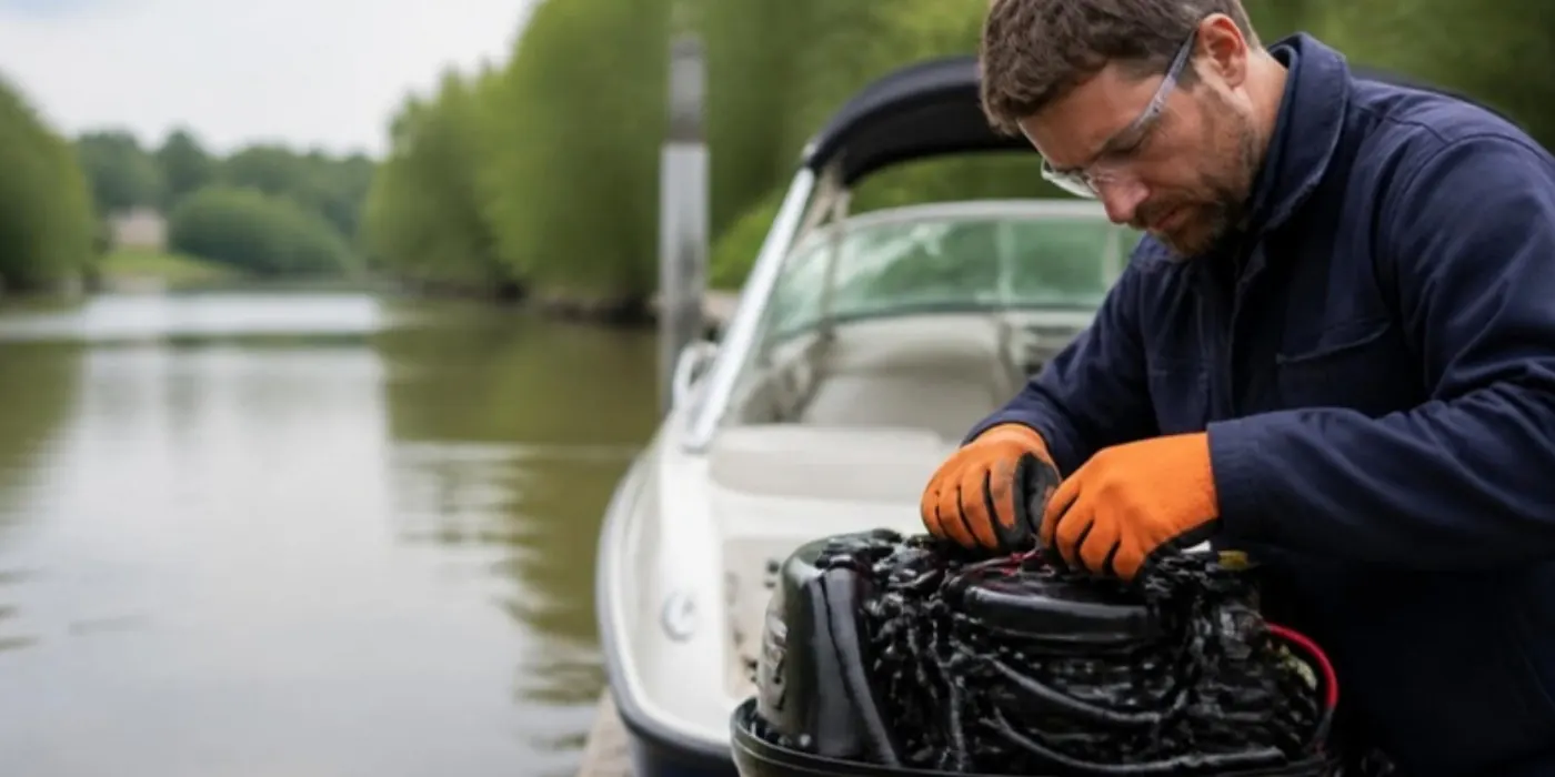 Electricista naval revisando el motor fuera de borda de una lancha en una guardería del río