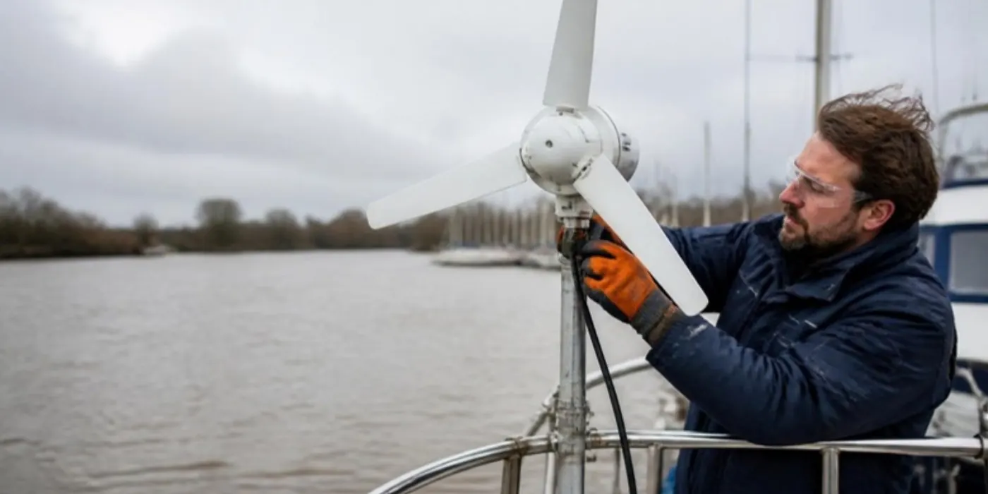 Electricista naval fijando un generador eólico en el poste de popa de un velero