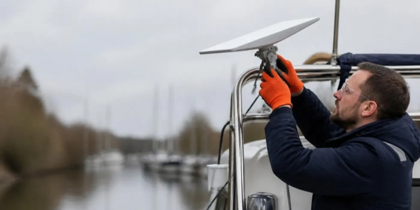 Electricista naval montando una antena de internet satelital en un velero