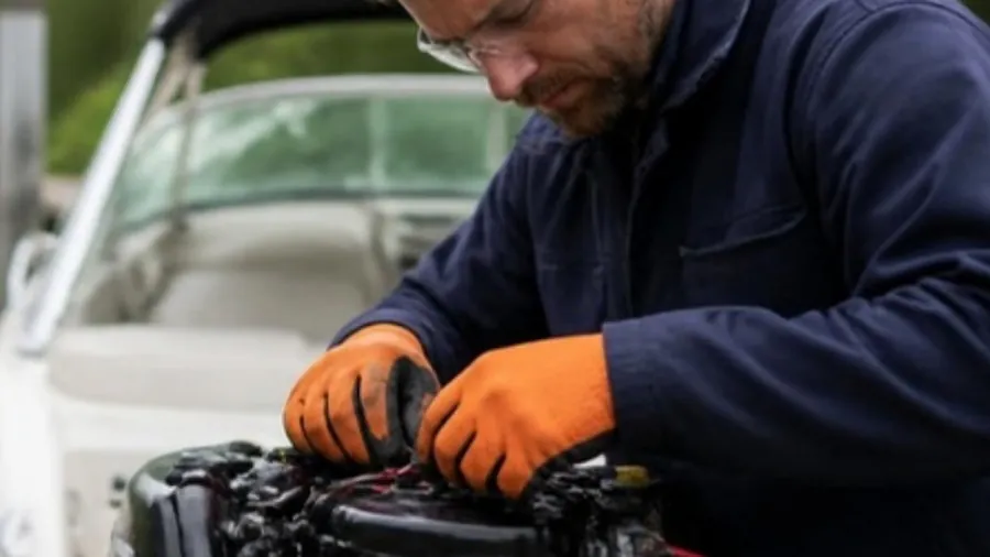 Manos con guantes de trabajo sobre el cableado de un motor fuera de borda