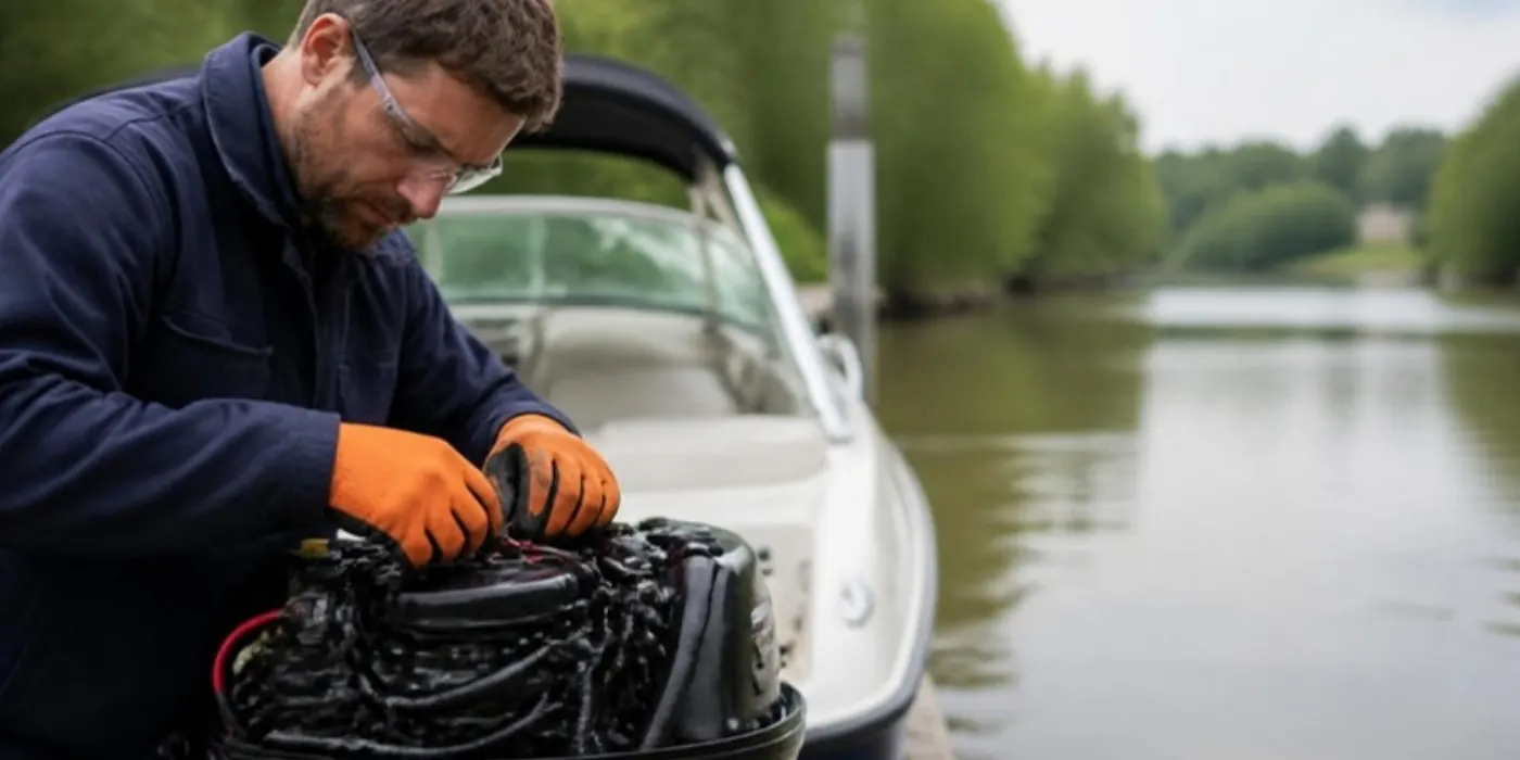 Electricista naval revisando la conexión eléctrica de un motor fuera de borda en el río