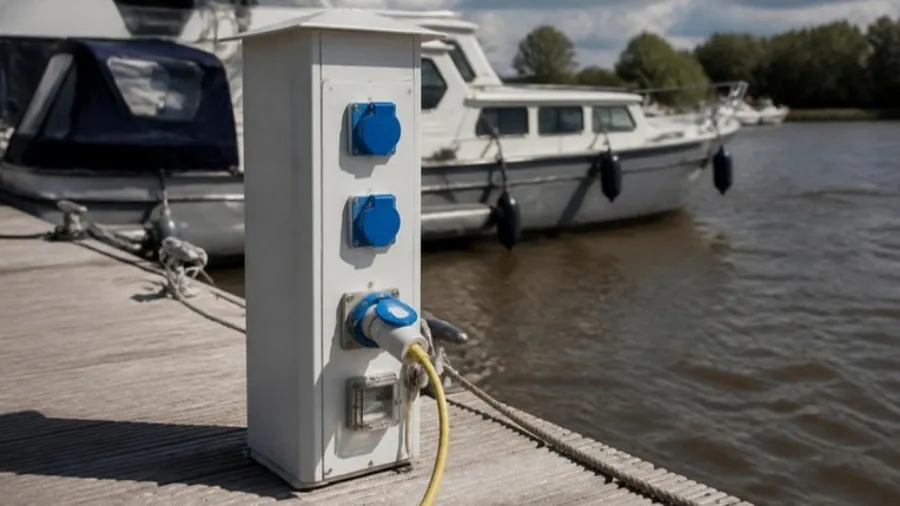 Toma de amarra de 220 V estanca en la popa de un crucero conectado al pedestal del muelle