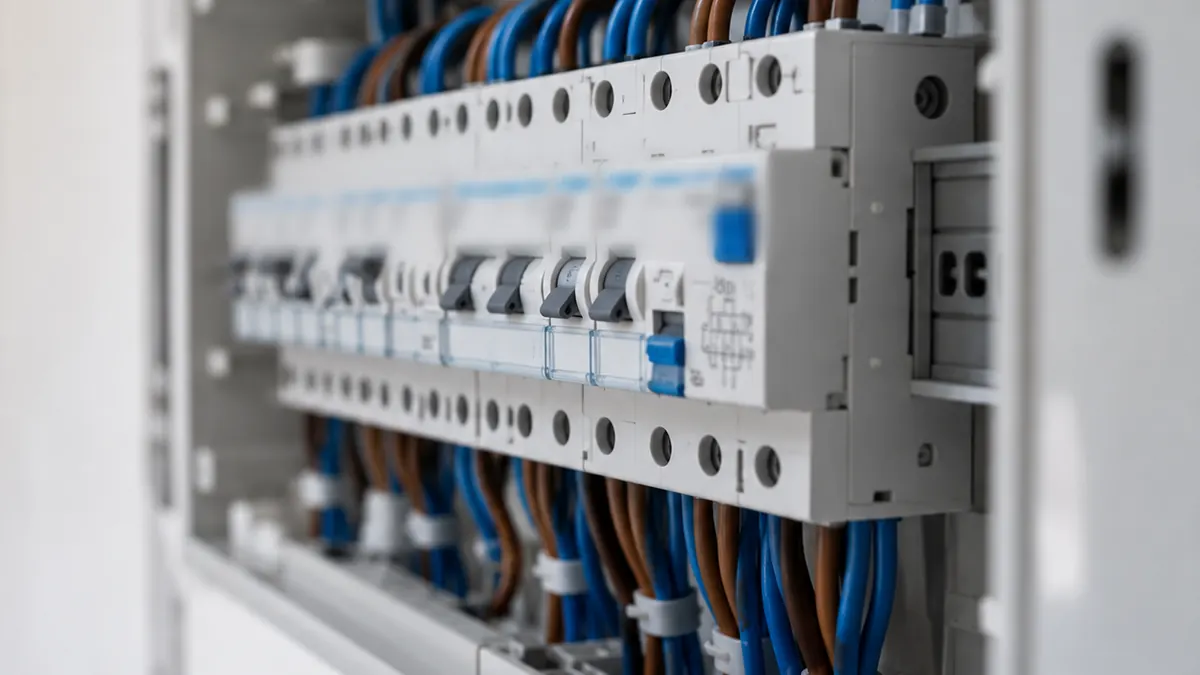 Tablero seccional abierto con riel DIN, protecciones alineadas y circuitos rotulados